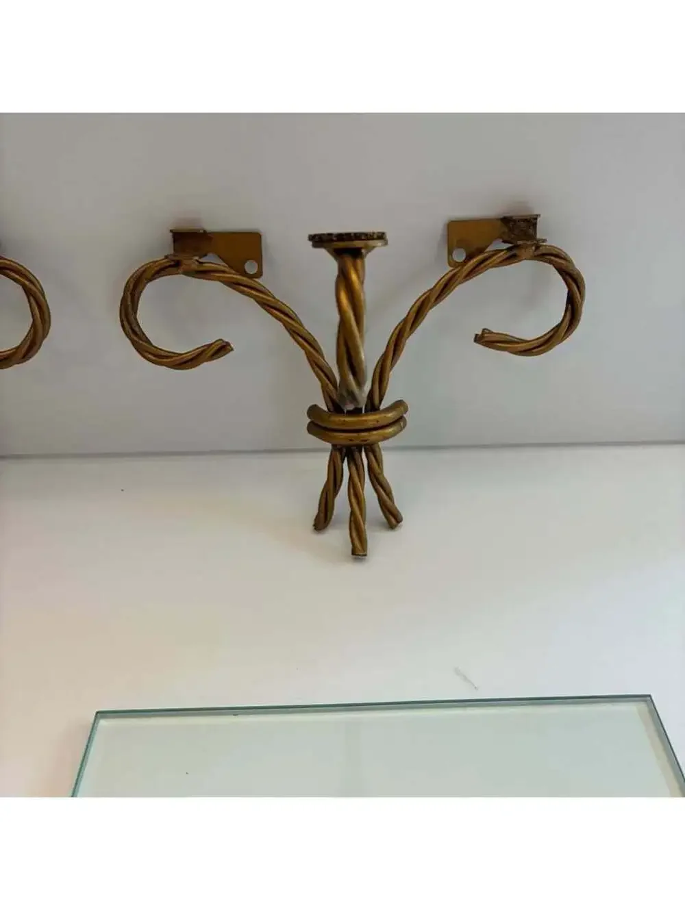 Pair Vintage Gold Metal Wall Shelf Brackets Twisted Scroll Corbel Glass Shelves